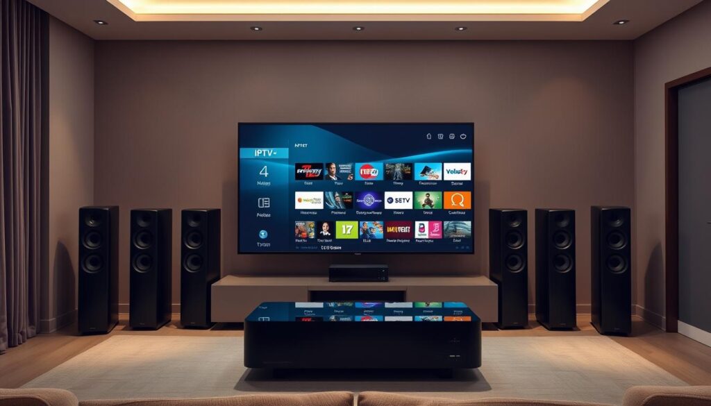 A sleek, modern home theater setup with a large HDTV screen, surrounded by high-end audio equipment. The screen displays a user interface with various IPTV channel options, showcasing the optimized streaming experience. Soft, ambient lighting illuminates the scene, creating a cozy and immersive atmosphere. The room is minimalist in design, with clean lines and neutral tones, allowing the technology to be the focal point. The overall impression is one of efficiency, convenience, and a seamless integration of digital entertainment into the home environment.