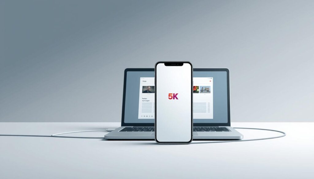 A sleek, modern illustration of a smartphone connected to a laptop, symbolizing the seamless integration of 5KPlayer across iOS devices. The smartphone is centered in the foreground, its screen displaying the 5KPlayer interface in crisp detail. The laptop is positioned behind the smartphone, subtly suggesting the ability to transfer media between the two devices. The composition is accented by clean lines, a muted color palette, and soft, diffused lighting that conveys a sense of simplicity and sophistication. The overall scene evokes the ease and convenience of using 5KPlayer to enjoy multimedia content on iOS platforms.