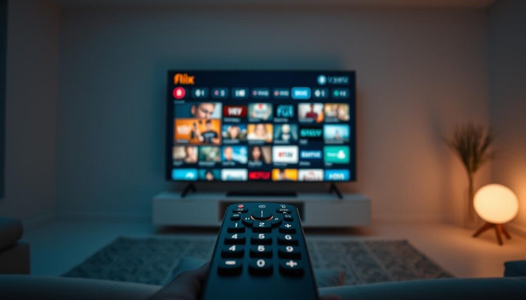 A sleek, modern interface for Flix IPTV, featuring a clean layout with bold typography and vibrant color accents. The home screen displays a grid of channels, with thumbnails and intuitive icons for navigation. In the foreground, a minimalist remote control commands the system, its backlit buttons and precision-crafted design reflecting the premium quality of the IPTV service. The background showcases a serene, minimalist living room setting, with a large, high-definition TV screen displaying the Flix IPTV interface in crisp detail, illuminated by soft, diffused lighting. The overall atmosphere conveys a sense of sophisticated, user-friendly technology seamlessly integrated into a comfortable, contemporary domestic space.