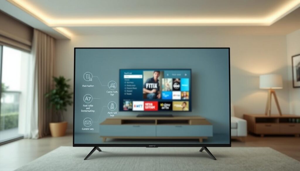 A sleek, modern smart TV display showcasing the installation process of Flix IPTV Smarters app. In the foreground, a clean UI with step-by-step instructions and icons guiding the user through the setup. In the middle ground, the smart TV screen displaying the Flix IPTV Smarters app interface. The background features a minimalist living room setting with neutral tones, soft lighting, and a sense of comfort and ease. The overall scene conveys a seamless, user-friendly experience for installing the Flix IPTV Smarters app on a smart TV.