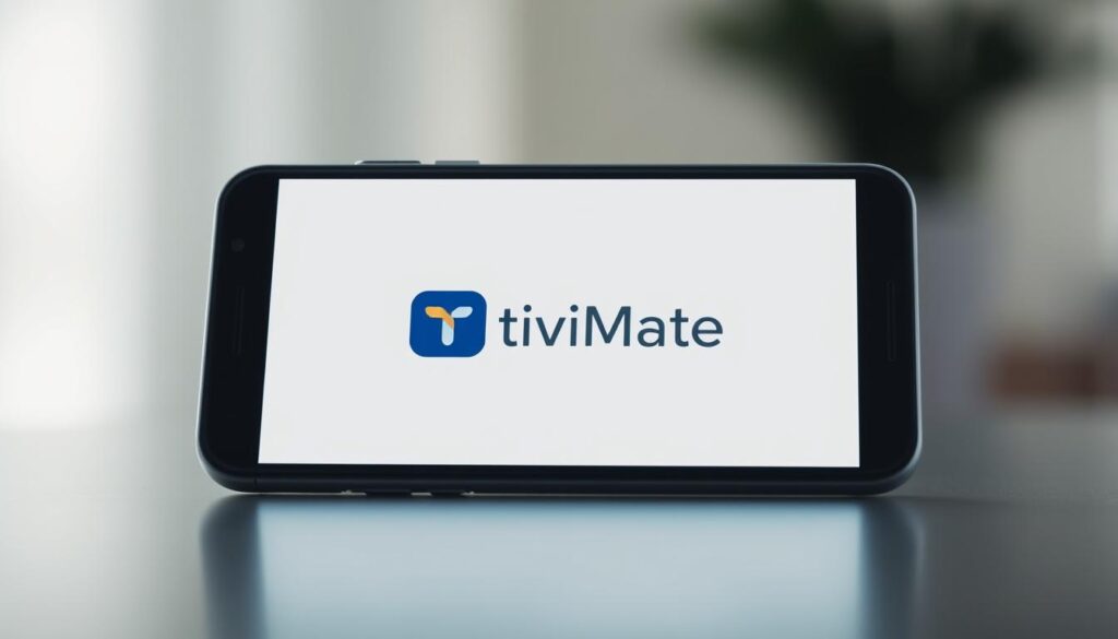 A sleek, modern smartphone display showing the TiviMate app logo and interface. The screen is illuminated by a soft, natural light, creating a clean and inviting aesthetic. The background is subtly blurred, keeping the focus on the device's screen. The composition is centered and balanced, with the TiviMate app prominently featured. The overall mood is one of simplicity, professionalism, and technological sophistication, reflecting the ease of use and versatility of the TiviMate app on Android devices.