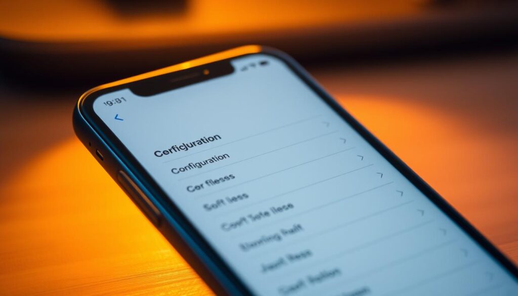 A sleek, modern smartphone screen displaying the configuration menu for the Perfect Player app on an iPhone. The interface showcases a crisp, minimalist design with clearly labeled settings options, allowing for intuitive navigation. Warm, gentle lighting illuminates the device, creating a clean, inviting atmosphere. The screen is captured at a slight angle, highlighting the device's premium, high-quality construction. The background is subtly blurred, keeping the focus on the app's user interface and making it the central subject of the image.