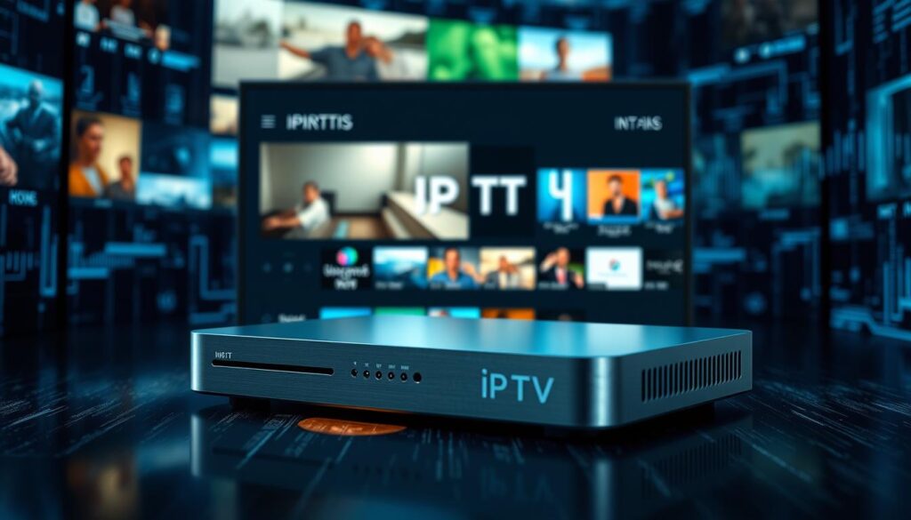 A sleek, open-source IPTV media player with a minimalist user interface, showcased against a backdrop of streaming video feeds and digital signal waves. The player's hardware casing is rendered in a modern, metallic finish, with clean lines and a subtle glow. The screen displays a crisp, high-definition preview of IPTV content, emphasizing the device's ability to seamlessly integrate and play a variety of live and on-demand media sources. The overall scene conveys a sense of technological sophistication and the convenience of a versatile, customizable IPTV solution.