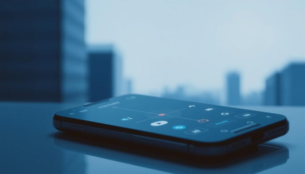 A sleek, optimized OttPlayer interface displayed on a modern, high-resolution smartphone screen. The app's icons and controls are neatly arranged, with a clean, minimalist design. The screen is bathed in a cool, blue-tinted light, creating a soothing, professional atmosphere. The background is a simple, blurred cityscape, hinting at the app's versatility and broad functionality. The overall composition conveys a sense of efficiency, simplicity, and user-friendliness, reflecting the "Optimización y solución de posibles errores" section of the article.