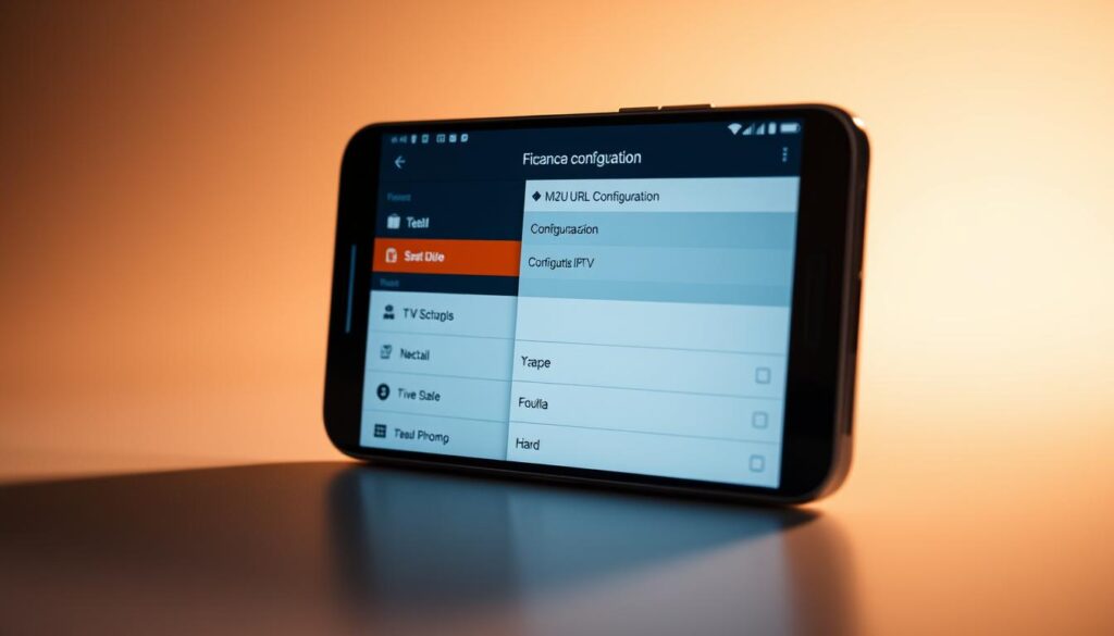 A sleek smartphone screen displaying a crisp IPTV app interface, showcasing a clean and intuitive m3u URL configuration menu. The screen is bathed in a warm, inviting glow, with subtle shadows adding depth and dimension. The app's design features clean lines, minimalist icons, and a user-friendly layout, reflecting the seamless experience of setting up IPTV services. The background is a neutral, elegant gradient, allowing the app interface to take center stage and capture the essence of the "Configuración del App y Sincronización de Listas IPTV" section.