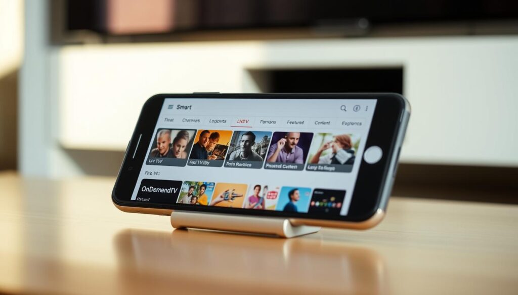 A sleek smartphone screen displaying the GSE Smart IPTV app's user interface, with a clean and modern design. The interface showcases various live TV channels and on-demand content options, inviting the user to explore and navigate seamlessly. The screen is well-lit, with a soft, natural lighting from the side, creating depth and highlighting the app's key features. The smartphone is positioned at a slight angle, capturing the screen at an optimal viewing angle. The overall scene conveys a sense of simplicity, accessibility, and the convenience of setting up GSE Smart IPTV on an Android device.