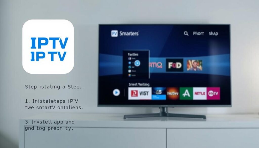 A step-by-step installation guide for IPTV Smarters app on a smart TV. The image shows a clean, minimalist UI layout with clear instructions and visuals. The foreground features the IPTV Smarters logo and app interface, while the middle ground has a modern smart TV display showcasing the installation process. The background has a subtle gradient or blurred effect to draw focus to the main elements. The lighting is soft and diffused, creating a calm, informative atmosphere. The camera angle is slightly elevated to provide an easy-to-follow, user-friendly perspective. Overall, the image conveys a sense of simplicity and approachability for the IPTV Smarters installation on a smart TV.