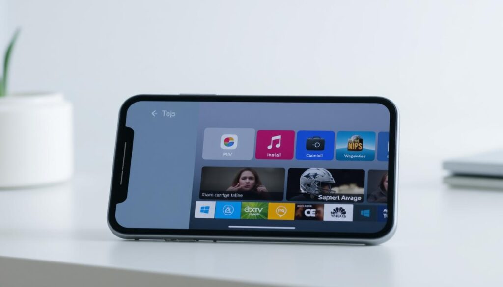 A step-by-step installation guide for IPTV Smarters on iOS devices. A sleek, modern smartphone or tablet fills the frame, its screen displaying the IPTV Smarters app interface in crisp detail. The device is situated on a minimalist desk or table, with clean, neutral-toned surroundings. Soft, diffused lighting illuminates the scene, creating a calm, professional atmosphere. The composition emphasizes the intuitive user experience and elegant aesthetics of the IPTV Smarters app on iOS platforms.