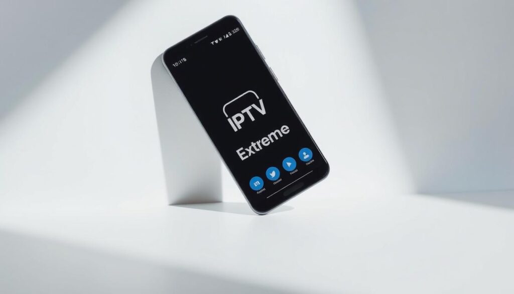 A stylish and modern Android smartphone against a clean, minimalist background. The device's screen prominently displays the IPTV Extreme app icon, with a simple yet elegant user interface. The phone is positioned at a slight angle, casting soft, natural shadows that add depth and dimension to the scene. The lighting is bright and diffused, creating a crisp, high-quality look. The overall composition is balanced and visually appealing, perfectly capturing the essence of downloading and installing the IPTV Extreme app on an Android smartphone.