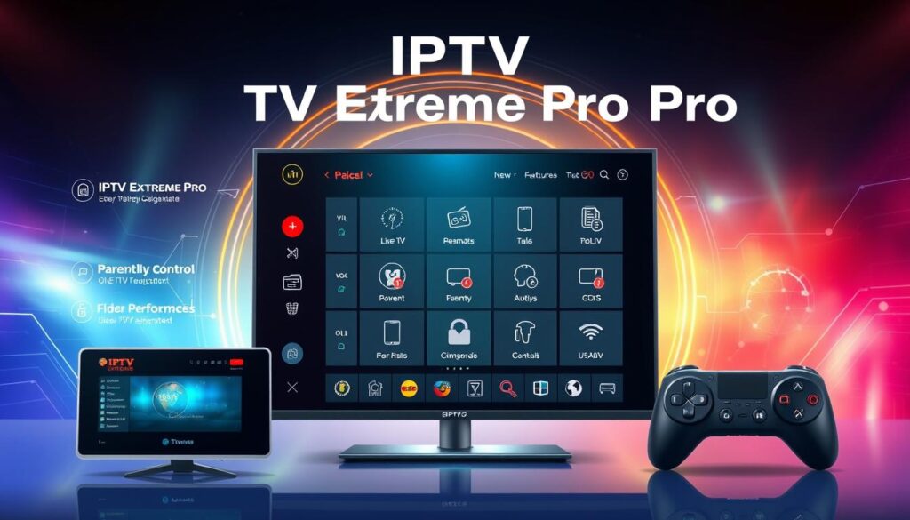 A stylized digital illustration showcasing the key features and functionalities of the IPTV Extreme Pro application. The foreground displays a sleek, modern user interface with intuitive controls and navigation menus, highlighting the app's streamlined design and user-friendly layout. In the middle ground, various icons and visual elements represent the app's core capabilities, such as live TV streaming, on-demand content, parental controls, and customization options. The background features a vibrant, technology-inspired backdrop with subtle gradients and geometric patterns, conveying a sense of advanced, cutting-edge performance. The overall composition should evoke a sense of professionalism, efficiency, and the power of the IPTV Extreme Pro platform.