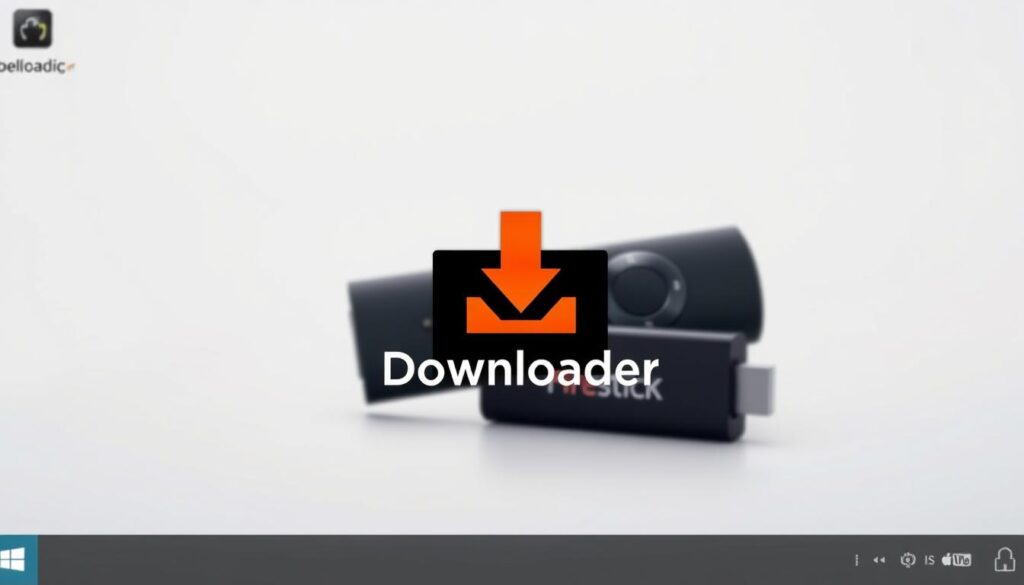 A vibrant and modern desktop interface, centered on a large, prominent "Downloader" icon. The icon is rendered with a sleek, minimalist aesthetic, incorporating the Firestick brand colors of black and orange. In the background, a blurred silhouette of a Firestick device against a plain, neutral backdrop, conveying the context of the application's use. The overall composition is clean, balanced, and evocative of the straightforward process of downloading and configuring the Downloader app for the Firestick platform.