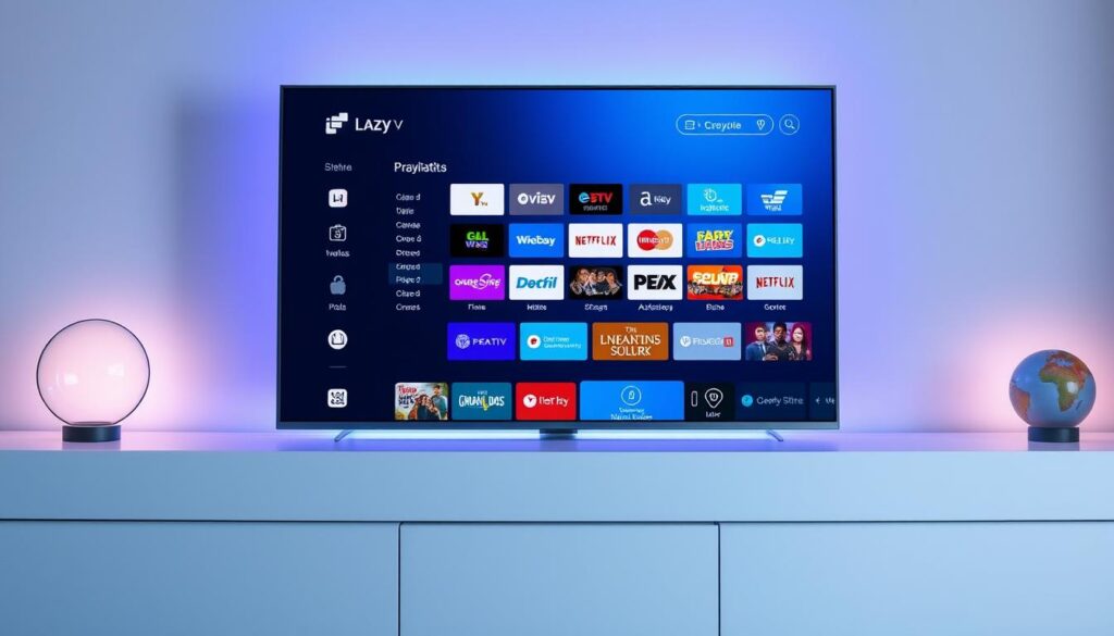 A vibrant and visually appealing user interface for the Lazy IPTV streaming service, displayed on a sleek, modern smart TV screen. The interface features a neatly organized playlist, with crisp icons and intuitive controls for navigation. The layout is clean and uncluttered, with a soothing color palette that creates a calming, immersive viewing experience. Soft, diffused lighting illuminates the screen, complementing the minimalist design. The overall aesthetic conveys a sense of simplicity and ease of use, perfectly suited for a seamless smart TV entertainment setup.