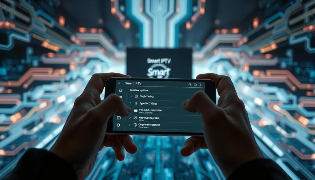 A visually captivating installation showcasing the installation process of Smart IPTV on an Android device. The foreground depicts a person's hands interacting with a smartphone, meticulously navigating through the setup screens. The middle ground features the Android device's display, showcasing the intuitive Smart IPTV interface with its various options and features. The background subtly blends technological elements, such as circuit boards and digital patterns, creating a cohesive and immersive atmosphere. The lighting is soft and diffused, highlighting the sleek design of the Android device and the clarity of the on-screen interface. The overall composition conveys a sense of effortless integration, guiding the viewer through the steps of installing this powerful IPTV solution on their Android smartphone or tablet.