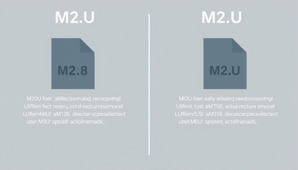 A visually striking comparison of the M3U and M3U8 file formats, presented in a clean, technical style. Crisp, high-resolution graphics depicting the distinct file structures and extensions, with a focus on the key differences between the two. The layout should be balanced and symmetrical, using a muted color palette of grays, blues, and whites to convey a sense of professionalism and digital sophistication. Minimal use of text, relying on the visual elements to clearly illustrate the core concepts. The overall aesthetic should be informative and visually appealing, suitable for inclusion in a technical guide.