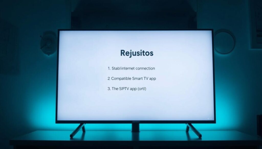 A well-lit and detailed shot of a Smart TV displaying the requirements for setting up SS IPTV. The TV screen shows a clean, modern interface with a prominent "Requisitos" section listing the necessary components: a stable internet connection, a compatible Smart TV, and the SS IPTV app. The TV is set against a minimalist background, with subtle lighting highlighting the sleek design. The overall scene conveys a sense of simplicity and technical proficiency, perfectly suited to illustrate the "Preparación y requisitos previos" section of the article.