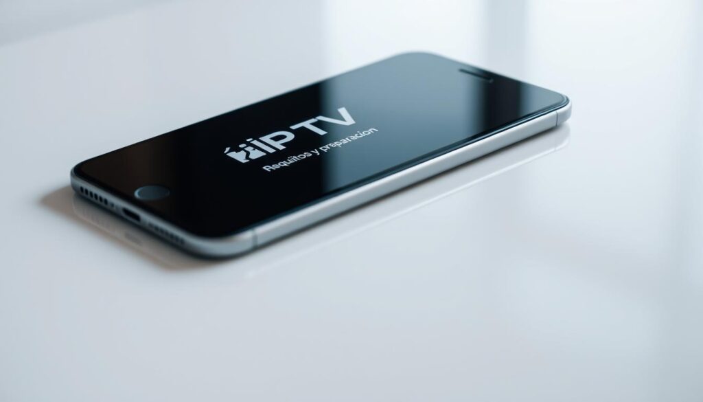 A well-lit, close-up photograph of an iOS device such as an iPhone or iPad, displaying the IPTVnator app interface on its screen. The device is resting on a clean, minimalist surface, with a soft, natural lighting that accentuates the sleek, modern design of the device. The image should convey a sense of simplicity, professionalism, and technological sophistication, reflecting the "Requisitos y preparación" section of the article. The focus should be on the device and the app interface, with minimal distractions in the background.