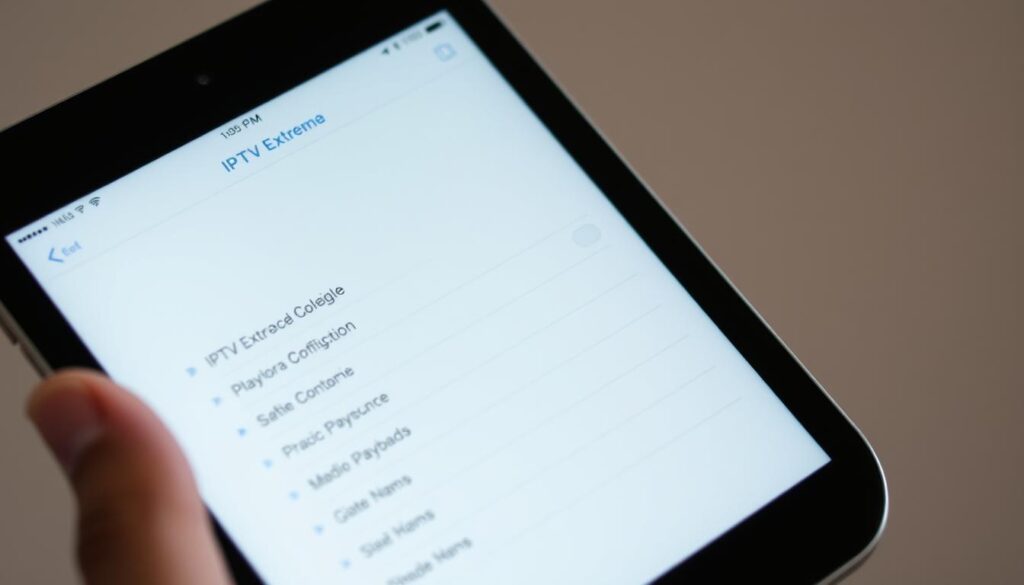 A well-lit, close-up view of an iPhone or iPad screen displaying the IPTV Extreme app's playback configuration settings. The screen shows a simple, intuitive interface with clear icons and labels, allowing the user to easily navigate and customize media playback options. The device is held in a natural, hand-held position, with a clean, minimalist background that emphasizes the app's interface. The overall scene conveys a sense of efficiency and user-friendliness, reflecting the "Configuración y Primer Uso de IPTV Extreme" section of the article.