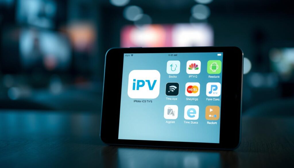 A well-lit, detailed illustration of various IPTV applications on an iPhone or iPad display. The foreground features the app icons and user interface elements with a clean, crisp design. The middle ground shows the device itself, with a modern, sleek aesthetic and minimalist styling. The background has a blurred, bokeh-like effect, creating a sense of depth and focus on the applications. The overall mood is professional, informative, and visually appealing, capturing the essence of IPTV options for iOS devices.