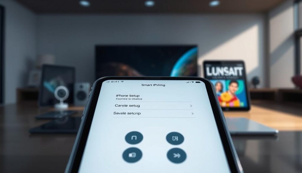 A well-lit, high-quality illustration showcasing the essential steps for preparing to install Smart IPTV on an iOS device. The foreground depicts a close-up view of an iPhone or iPad screen, displaying a simple setup interface with intuitive controls. The middle ground features various iOS device models, such as an iPhone and an iPad, arranged in a visually appealing layout. The background subtly suggests a modern, minimalist environment, highlighting the seamless integration of the IPTV installation process within the iOS ecosystem. The overall composition conveys a sense of simplicity, efficiency, and user-friendliness, reflecting the "Preparación para la instalación en iOS" section of the article.