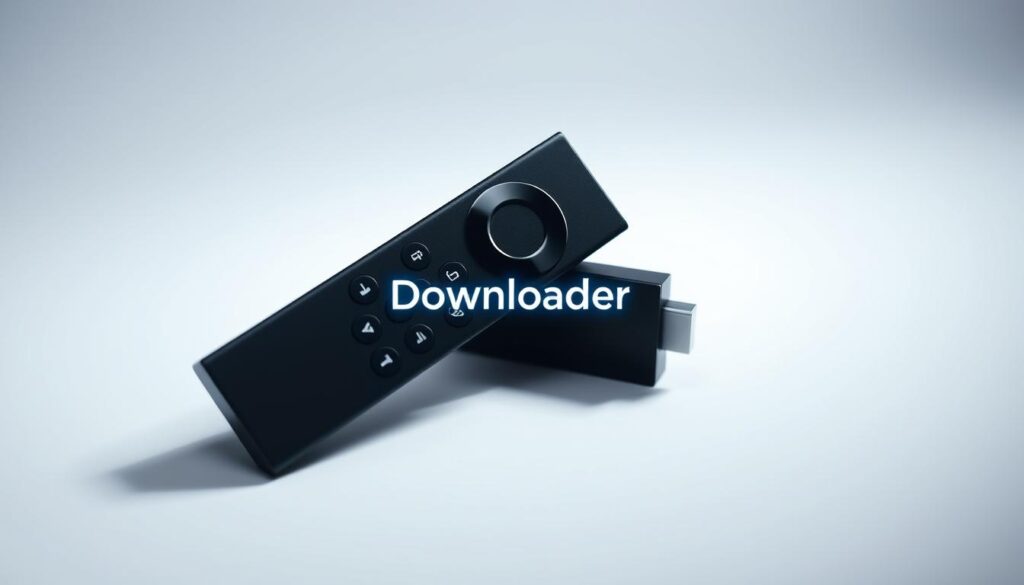 A well-lit, high-quality image of a FireStick device against a clean, white background. The FireStick is prominently displayed, with a glowing "Downloader" app icon in the center, conveying the idea of downloading and installing content. The scene is illuminated by soft, natural lighting, creating a clean and professional atmosphere. The angle showcases the FireStick's form factor and interface, making it clear this is a visual guide for downloading and configuring the Downloader app on a FireStick device.