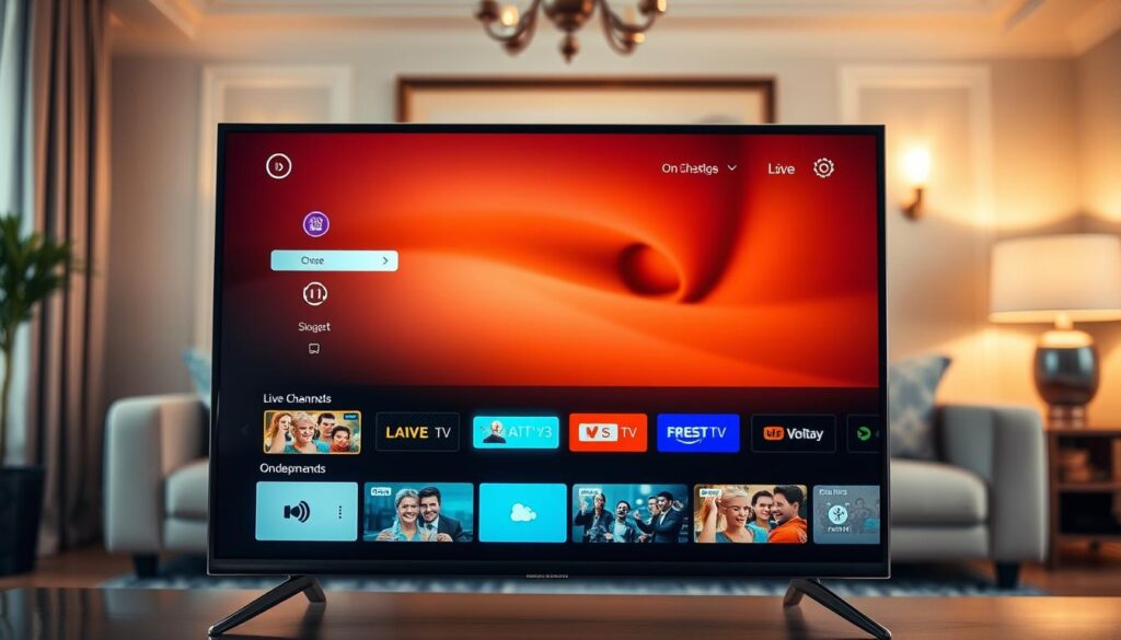 A well-lit, high-quality image of a Smart TV displaying an optimized IPTV streaming interface. The screen shows a clean, intuitive layout with clear categorization of content, such as live TV channels, on-demand videos, and settings. The interface has a sleek, modern design with minimal clutter, allowing the user to easily navigate and access their desired content. The background features a blurred, elegant living room setting, with a couch and other home furnishings visible in the periphery, creating a cozy, domestic atmosphere. The overall scene conveys a sense of streamlined efficiency and an effortless IPTV viewing experience.