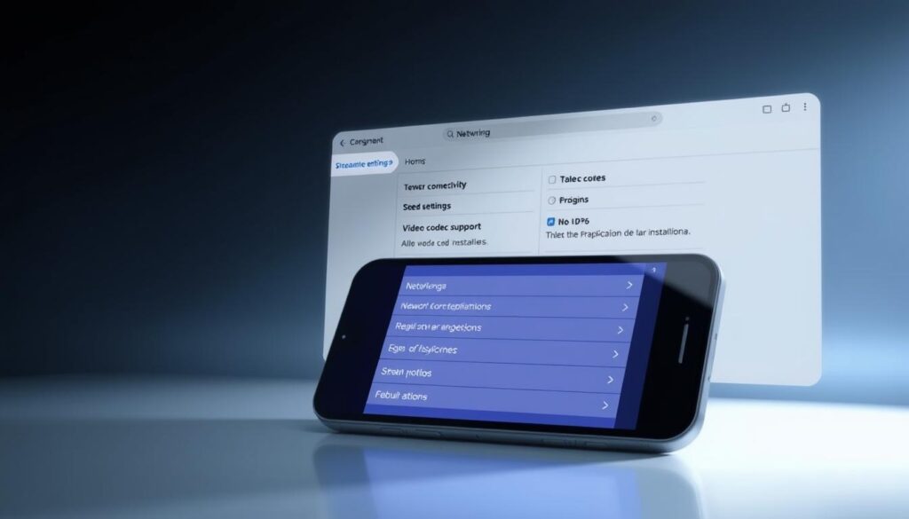 A well-lit, high-resolution digital illustration depicting the technical requirements for streaming on iOS devices. In the foreground, a sleek, modern iOS device, such as an iPhone or iPad, with its screen prominently displayed. The middle ground features a clean, minimalist UI showcasing various settings and configuration options for streaming, including network connectivity, video codec support, and hardware specifications. The background has a subtle, gradient-based color scheme that reinforces the technological theme. The overall composition conveys a sense of professionalism, attention to detail, and user-friendliness, perfectly suited to illustrate the "Requisitos previos y preparación para la instalación" section of the article.
