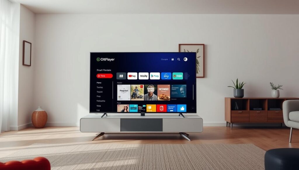A well-lit, modern living room interior with a sleek, minimalist smart TV stand placed prominently in the middle ground. On the screen, the OttPlayer interface is displayed, showcasing its intuitive and user-friendly design. Soft, diffused lighting illuminates the scene, creating a calm and inviting atmosphere. The background features clean, neutral-toned walls and a hint of natural decor elements, such as potted plants or a wall-mounted artwork, to enhance the sense of a comfortable, tech-savvy home environment. The overall composition conveys the ease and simplicity of installing and using the OttPlayer application on a smart TV.