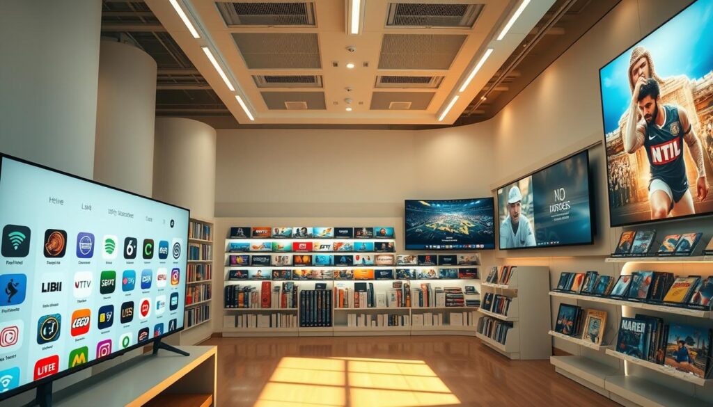 A well-lit, modern smart TV app store interior. The foreground features a sleek, minimalist display showcasing various app icons and logos. The middle ground shows rows of shelves stocked with a diverse selection of smart TV applications, organized and categorized for easy browsing. The background depicts a clean, futuristic environment with large, high-resolution displays showcasing app previews and information. Warm, natural lighting illuminates the scene, creating a welcoming and inviting atmosphere. The overall composition conveys a sense of technology, organization, and user-friendliness, reflecting the ease of installing IPTV Player on a smart TV.