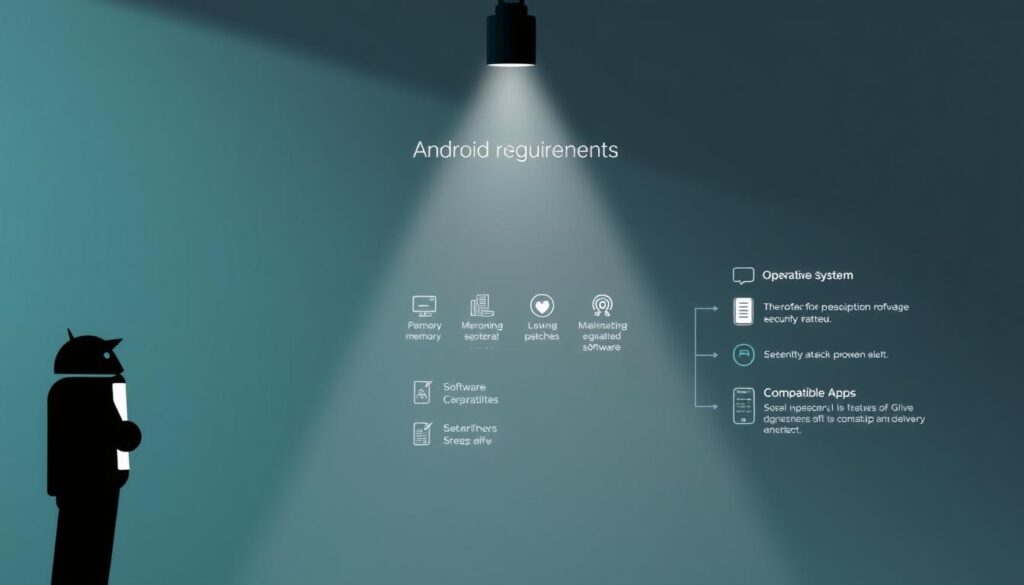 A well-lit technical diagram showcasing the system requirements for an Android device, presented in a clean, minimalist style. The foreground features a smartphone silhouette with key hardware components highlighted, such as the processor, memory, and storage. The middle ground contains a series of neatly organized icons and infographic elements detailing the necessary software specifications, including the operating system version, security patches, and compatible apps. The background is a simple, neutral gradient that allows the technical information to take center stage, conveying a sense of professionalism and clarity. The overall mood is informative and practical, guiding the viewer through the essential prerequisites for a successful Android setup.