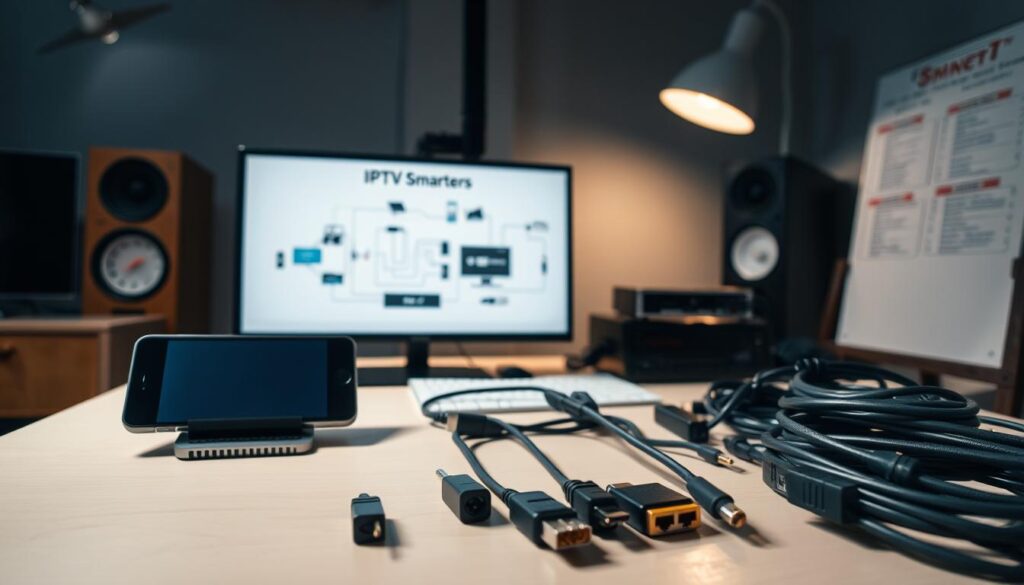 A well-lit workspace with a smartphone or android device placed prominently on a desk. In the background, a technical diagram or schematic illustrates the IPTV Smarters system setup. The foreground features various cables, adapters, and networking equipment neatly arranged, suggesting a methodical preparation for the installation process. The overall mood is one of focused professionalism, with a sense of anticipation for the successful integration of the IPTV service.