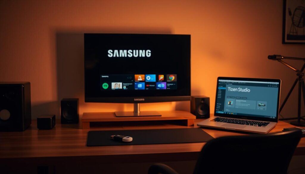 A wide shot of a neatly organized desk setup with a Samsung Smart TV, a USB drive, and a laptop running Tizen Studio software. The desk is bathed in warm, soft lighting, creating a cozy, focused atmosphere. The Samsung TV is prominently displayed, conveying the central role it plays in the installation process. The USB drive and Tizen Studio laptop are positioned purposefully, suggesting the step-by-step nature of the installation. The scene feels professional yet approachable, inviting the viewer to envision themselves undertaking this technical task with confidence.