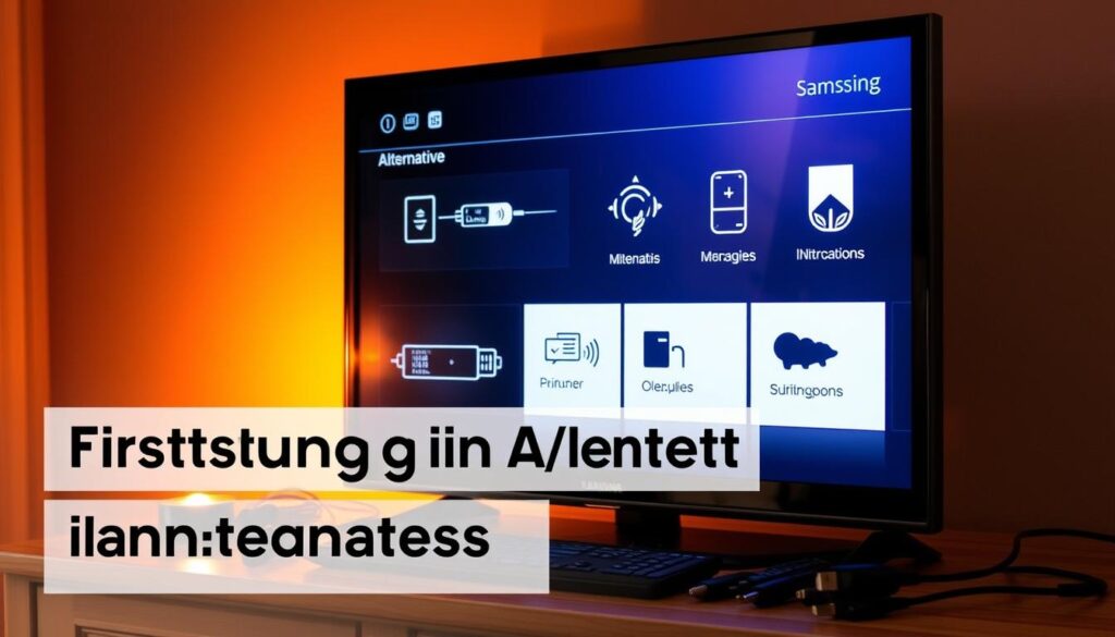 An image of a Samsung Smart TV on a wooden table, its screen displaying various alternative installation methods. The TV is surrounded by a variety of cables, adapters, and remote controls, showcasing the diverse setup options. Warm, ambient lighting casts a soft glow, creating a cozy, technical atmosphere. The composition emphasizes the TV as the central focus, with the peripheral items subtly framing it. The image conveys the idea of flexibility and customization in installing IPTV Smarters on a Samsung Smart TV.