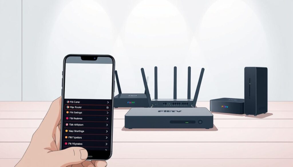 Configuración Flix IPTV: A detailed, technical illustration showcasing the setup process for the Flix IPTV service. In the foreground, a smartphone display shows the Flix IPTV app interface, with clearly labeled menu options and settings. In the middle ground, various network devices such as a router, modem, and streaming box are arranged, conveying the necessary hardware setup. The background features a clean, minimalist environment with soft, directional lighting, highlighting the technical nature of the scene. The overall mood is one of clarity, precision, and ease of use, reflecting the "Requisitos y configuración previa para la instalación" section of the article.