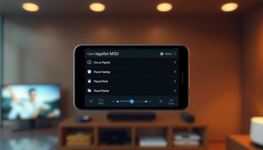Configuración playlist M3U: A detailed, elegant display of a mobile media player interface, showcasing a visually striking M3U playlist configuration screen. Crisp, high-resolution graphics with a minimalist, user-friendly design. The screen occupies the central focal point, surrounded by a blurred, softly-lit background, creating a sense of depth and focus. Warm, neutral tones and subtle gradients lend a professional, sophisticated aesthetic. Clean typography and intuitive icons facilitate easy navigation and playlist management. Soft shadows and subtle highlights accentuate the interface elements, conveying a sense of depth and interactivity. An immersive, visually captivating representation of the playlist configuration experience.