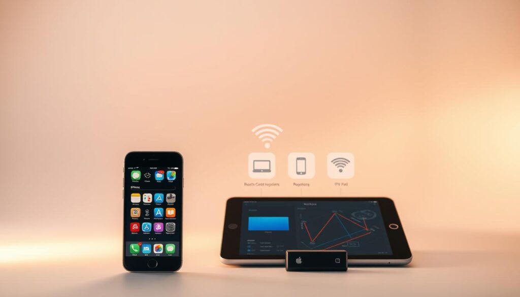 Crisp, high-resolution image of compatible iOS devices for IPTV streaming. Foreground showcases an iPhone and iPad in a sleek, minimalist arrangement, displaying iOS app interfaces related to IPTV services. Middle ground features various wireless connectivity icons and technical diagrams illustrating the required compatibility between iOS devices and IPTV protocols. Subtle, warm lighting illuminates the scene, conveying a sense of professionalism and technical expertise. The background is a clean, white studio environment, allowing the devices and interfaces to be the central focus. The overall atmosphere is one of informative clarity, highlighting the key considerations for using IPTV on iOS platforms.