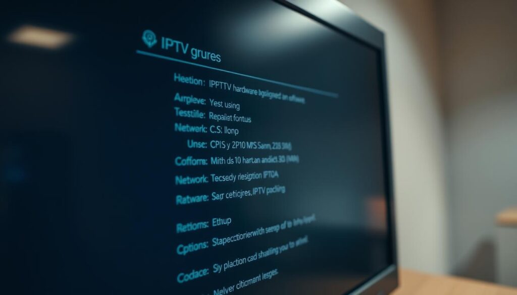 Detailed close-up view of a computer screen displaying the configuration requirements for an IPTV setup. The screen shows a neatly organized list of hardware and software specifications, network settings, and other technical details. The image has a clean, minimalist aesthetic with muted tones and subtle shadows, conveying a sense of professionalism and technical precision. The lighting is soft and even, highlighting the important information without creating distracting glare or reflections. The camera angle is slightly tilted to provide a more dynamic and engaging composition.