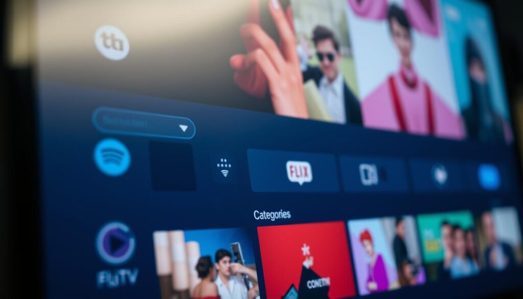 Detailed close-up view of the Flix IPTV user interface, showcasing its key features and functionalities. Sleek and modern GUI design with a clean layout, intuitive navigation, and a variety of content categories prominently displayed. Vibrant colors, high-quality icons, and a minimalist aesthetic create a visually appealing and user-friendly experience. The frame is tightly cropped to focus on the essential interface elements, captured from a slightly low angle to convey a sense of depth and immersion. Soft, diffused lighting subtly highlights the interface's key components, creating depth and depth of field. The overall mood is one of polish, professionalism, and technological sophistication, reflecting the advanced capabilities of the Flix IPTV platform.