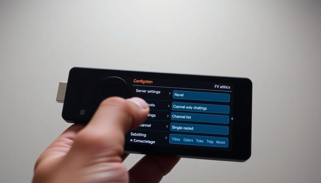 Detailed closeup view of a FireStick remote control with a bright, high-resolution display showing the configuration screen for an IPTV service. The screen displays various options and settings for the IPTV app, such as server settings, channel lists, and playback controls. The remote is held in a person's hand against a clean, neutral background with soft, even lighting that highlights the details of the remote and the display. The overall mood is one of focus and attention to the configuration process, with a sense of clarity and precision.
