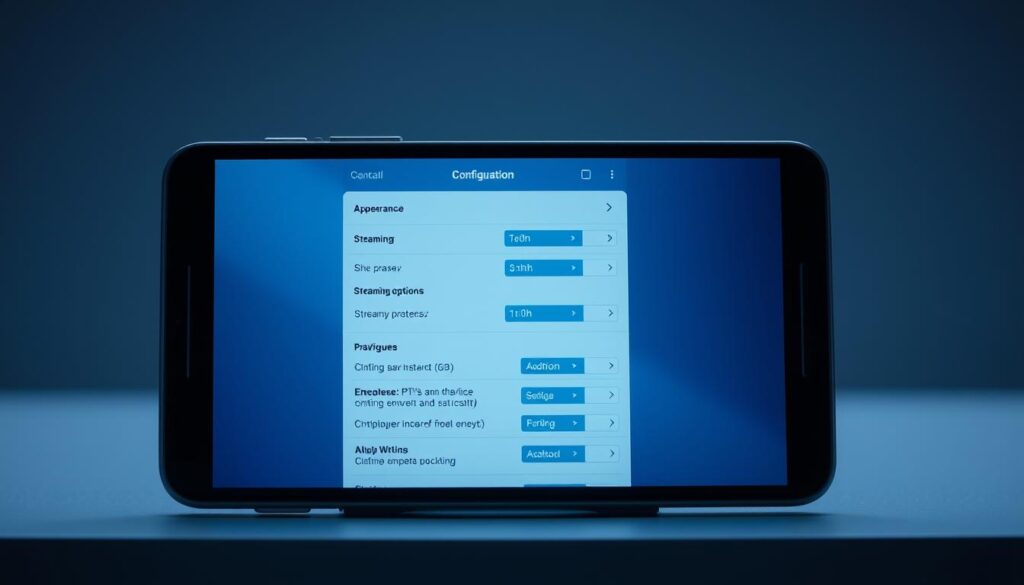 Detailed configuration screen of the GSE Smart IPTV app on a sleek, modern mobile device. In the foreground, a well-organized settings interface with intuitive controls for customizing the app's appearance, streaming options, and playback preferences. The middle ground showcases the app's clean, minimalist design with a focus on user-friendly navigation. In the background, a subtle yet elegant gradient sets the tone, reflecting the app's sophisticated technology. Soft, directional lighting highlights the screen's crisp display, creating a sense of depth and professionalism. The overall atmosphere conveys a seamless, premium user experience for configuring and personalizing the GSE Smart IPTV app.
