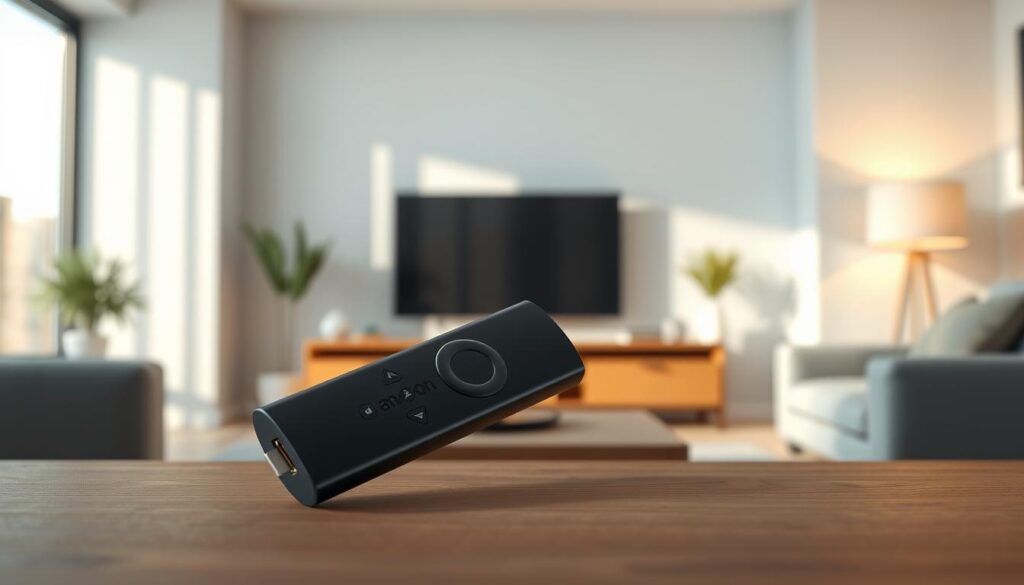 Detailed installation requirements for the Amazon Firestick, with a clean and minimalist composition. In the foreground, a Firestick device rendered in high-resolution, showcasing its ports and connectors. The middle ground features a modern, neutral-toned living room setup, including a TV and media console, hinting at the device's intended usage. The background is a softly blurred interior space, evoking a sense of domestic comfort. Warm, natural lighting casts subtle shadows, creating depth and a welcoming atmosphere. The overall scene conveys the essential technical details and practical context for setting up the Firestick, without distracting visual elements.