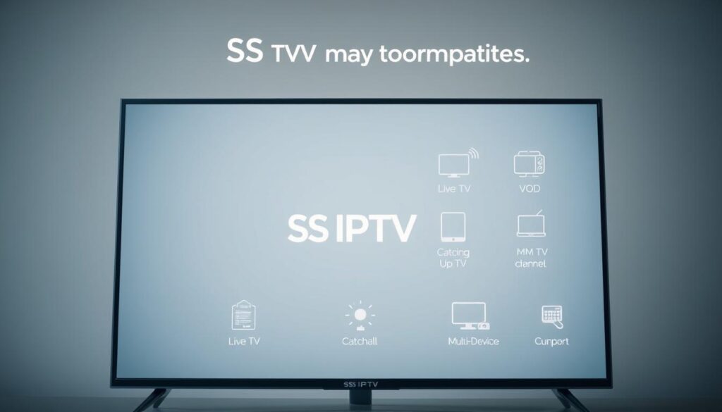 Detailed technical diagram of a smart TV displaying the compatibility and main features of the SS IPTV service. Foreground shows the smart TV interface with a clean, minimalist design, highlighting the SS IPTV logo and app. Middle ground features graphical icons and infographic elements demonstrating the service's key capabilities, such as live TV channels, VOD, catch-up TV, and multi-device support. Background has a neutral gradient or subtle pattern, creating a professional, informative atmosphere without distractions. Lighting is soft and balanced, with a slight hint of depth of field to focus attention on the central elements. The overall composition conveys the reliability, versatility, and user-friendly nature of the SS IPTV solution for smart TV platforms.