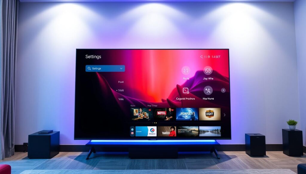 Sophisticated Smart TV configuration, showcasing a sleek, modern interface. Crisp display showcasing various settings and options, with intuitive navigation controls. Vibrant colors and high-definition visuals, creating an immersive viewing experience. Ambient lighting gently illuminates the scene, highlighting the attention to detail. The TV is positioned in a minimalist living room setting, with clean lines and neutral tones. The overall atmosphere exudes a sense of technological elegance and user-friendly functionality, setting the stage for a seamless Kodi installation.