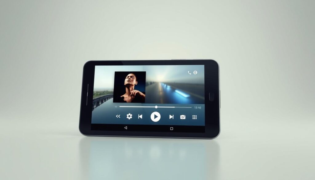 a high-quality, photorealistic 3D rendering of an Android smartphone or tablet device with a media player application installed and running, displayed in a clean, well-lit environment. The device should be positioned in the foreground, with a subtle background showcasing a minimalist, modern setting. The media player interface should be clearly visible, highlighting the key features and controls. The overall composition should convey a sense of sleek, contemporary technology and seamless user experience.