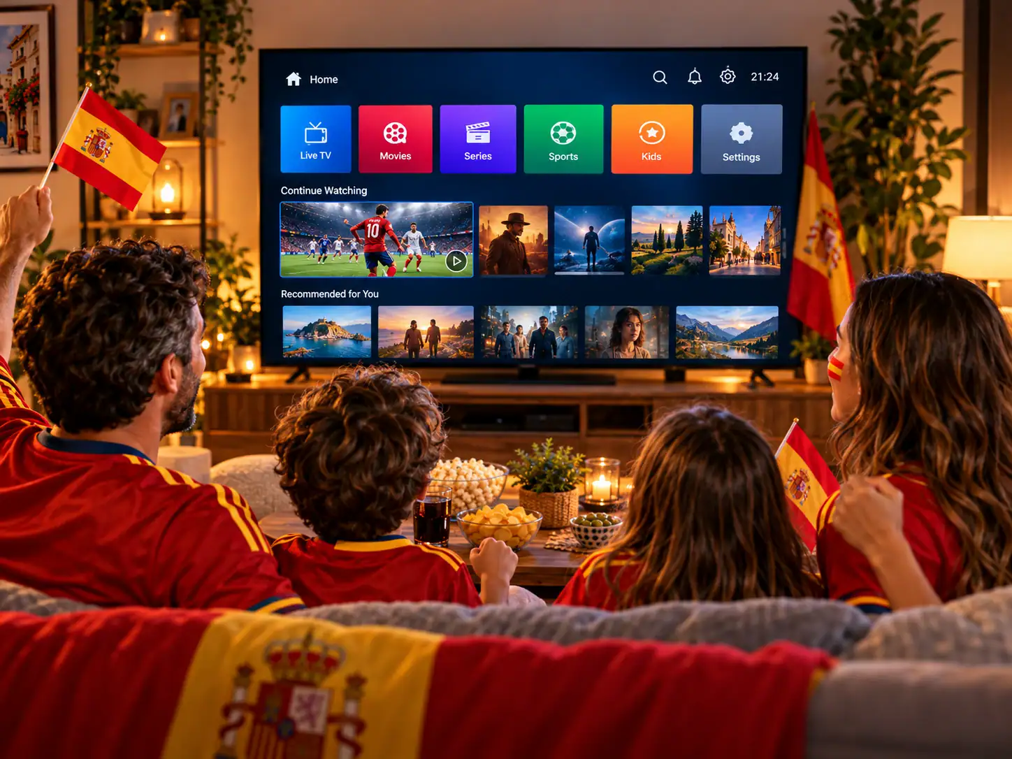 Familia disfrutando de IPTV España en el salón
